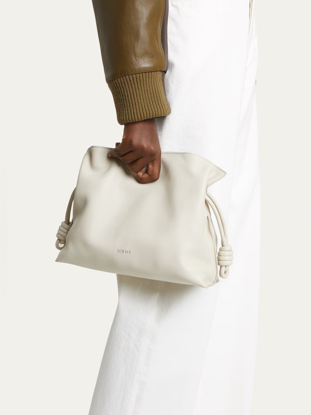 Loewe Ivory Nappa Calfskin Leather Flamenco Medium Clutch Bag w Detachable strap